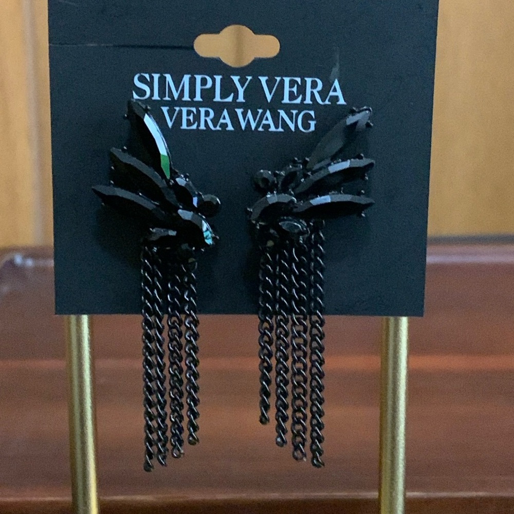 NWT Simply Vera Vera Wang black rhinestone and chain earrings - Picture 2 of 3